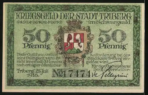Notgeld Triberg im Schwarzwald 1918, 50 Pfennig, Stadtwappen und Bürgermeister