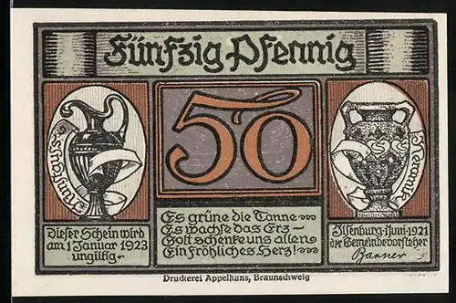 Notgeld Ilsenburg 1921, 50 Pfennig, Kunstgusskeramiken und Bergidyll mit Wanderern