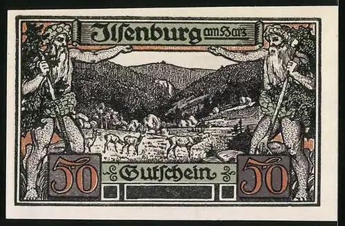 Notgeld Ilsenburg 1921, 50 Pfennig, Kunstgusskeramiken und Bergidyll mit Wanderern