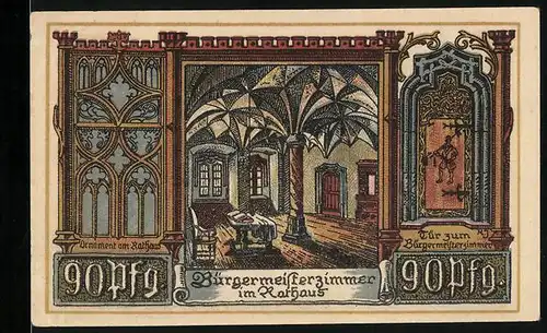 Notgeld Jüterbog 1920, 90 Pfennig, Bürgermeisterzimmer, Tür zu diesem, Rathausornament, Rathaus