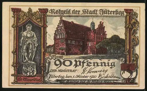 Notgeld Jüterbog 1920, 90 Pfennig, Bürgermeisterzimmer, Tür zu diesem, Rathausornament, Rathaus