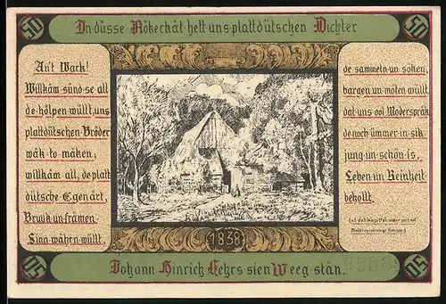 Notgeld Itzehoe 1921, 50 Pfennig, Hütte im Wald, Shilouette der Ortschaft