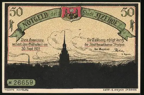 Notgeld Itzehoe 1921, 50 Pfennig, Hütte im Wald, Shilouette der Ortschaft