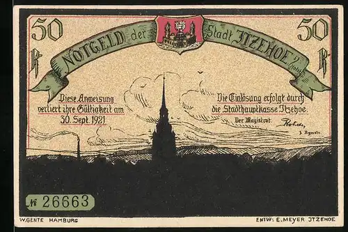 Notgeld Itzehoe 1921, 50 Pfennig, Shilouette der Stadt, Waldhütte