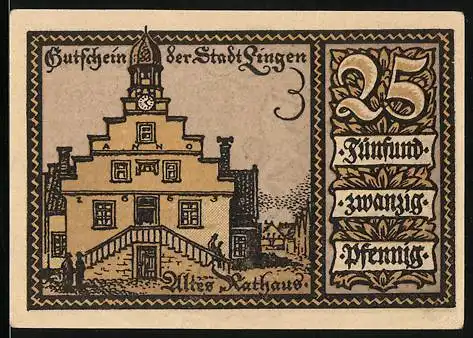 Notgeld Lingen 1921, 25 Pfennig, Altes Rathaus und Wappen