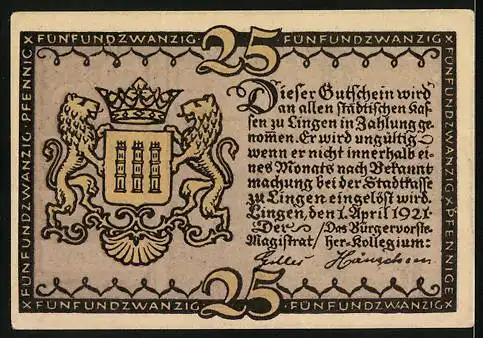 Notgeld Lingen 1921, 25 Pfennig, Altes Rathaus und Wappen