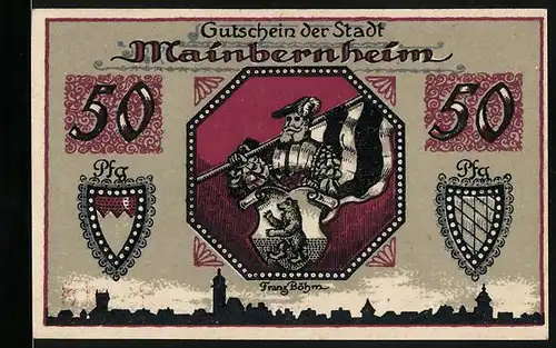 Notgeld Mainbernheim 1920, Ritter mit Stadtwappen, Stadttor