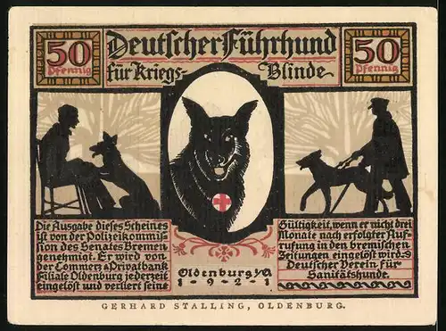 Notgeld Oldenburg i. O. 1921, 50 Pfennig, Kriegsblinder mit seinem Führhund