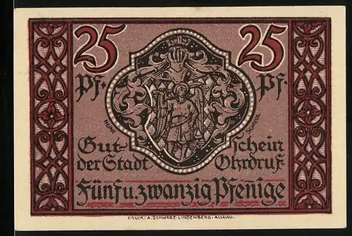 Notgeld Ohrdruf 1921, 25 Pfennig, Stadtwappen und Rathaus