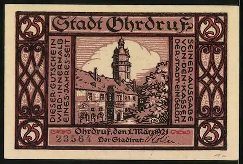 Notgeld Ohrdruf 1921, 25 Pfennig, Stadtwappen und Rathaus