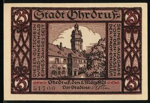 Notgeld Ohrdruf 1921, 25 Pfennig, Rathaus und Stadtwappen