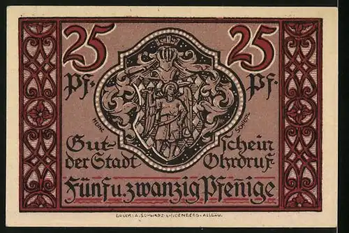 Notgeld Ohrdruf 1921, 25 Pfennig, Rathaus und Stadtwappen