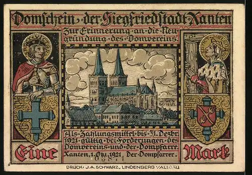 Notgeld Xanten 1921, 1 Mark, Siegfried mit seinem Schwert, Dom, Heiligenbilder