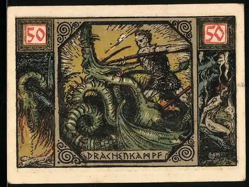 Notgeld Xanten 1921, 50 Pfennig, der Drachenkampf, Dom, Heiligenbilder