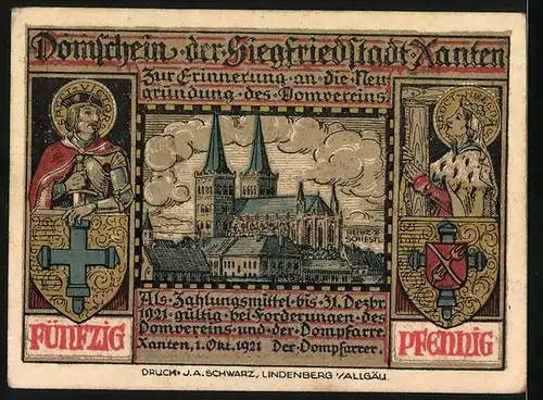 Notgeld Xanten 1921, 50 Pfennig, der Drachenkampf, Dom, Heiligenbilder