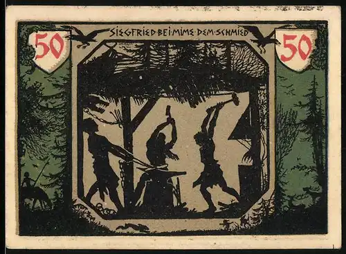 Notgeld Xanten 1921, 50 Pfennig, Siegfried bei Mime dem Schmied, Dom, Heiligenbilder