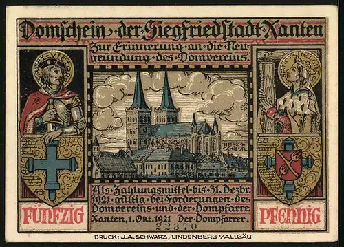 Notgeld Xanten 1921, 50 Pfennig, Siegfried bei Mime dem Schmied, Dom, Heiligenbilder