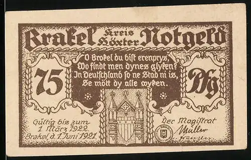Notgeld Brakel 1921, 75 Pfennig, Wappen, Fachwerkhaus, Kirche, Rathaus