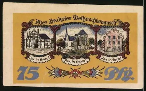 Notgeld Brakel 1921, 75 Pfennig, Wappen, Fachwerkhaus, Kirche, Rathaus