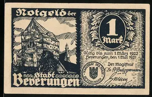 Notgeld Beverungen 1921, 1 Mark, Topfhändler, Altes Haus