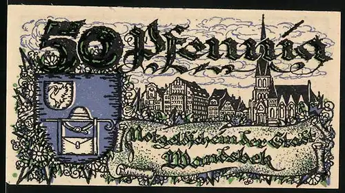 Notgeld Wandsbek 1921, 50 Pfennig, Wappen und Ortsansicht