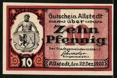 Notgeld Allstedt 1920, 10 Pfennig, Villa und Wappen