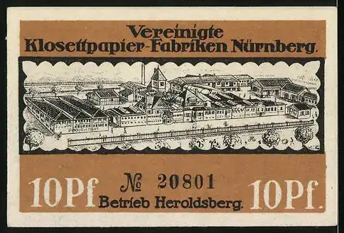 Notgeld Nürnberg, 10 Pfennig, Tiersgärtner Tor, Vereinigte Klosettpapier-Fabriken