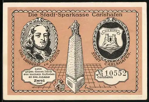 Notgeld Carlshafen, 2 Mark, Carl Landgraf zu Hessen, Stadtwappen, Einzug der Hugenotten 1699