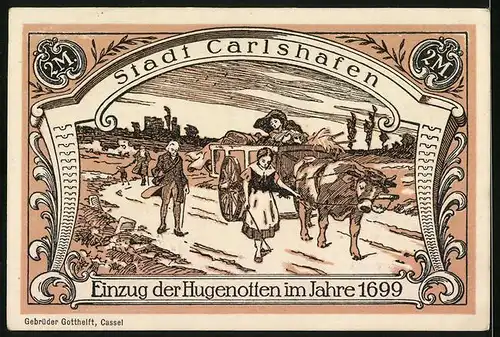 Notgeld Carlshafen, 2 Mark, Carl Landgraf zu Hessen, Stadtwappen, Einzug der Hugenotten 1699
