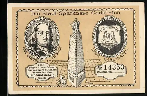 Notgeld Carlshafen, 75 Pfennig, Carl Landgraf zu Hessen, Stadtwappen, Invalidenhaus