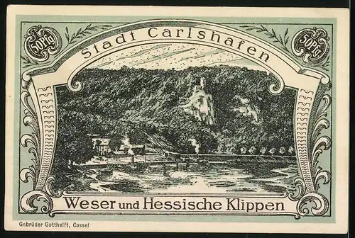 Notgeld Carlshafen, 50 Pfennig, Carl Landgraf zu Hessen, Stadtwappen, Weser und Hessische Klippen