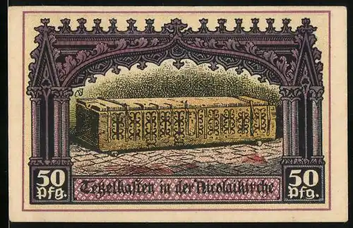Notgeld Jüterbog 1920, 50 Pfennig, Tekelkasten in der Nicolaikirche, Nicolaikirche