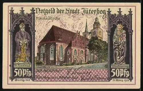 Notgeld Jüterbog 1920, 50 Pfennig, Tekelkasten in der Nicolaikirche, Nicolaikirche