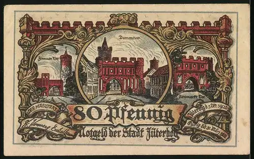 Notgeld Jüterbog 1920, 80 Pfennig, Dammtor, Neumarkt Tor, Zinnaer Tor