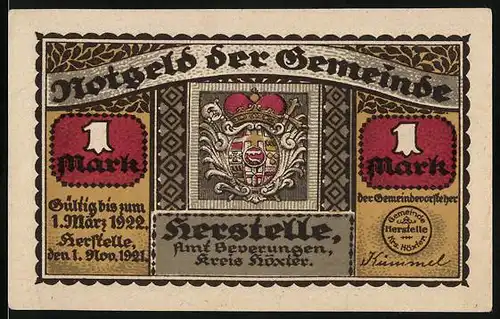 Notgeld Herstelle 1921, 1 Mark, Wappen, Karl der Grosse nimmt vom Nethegau Belitz