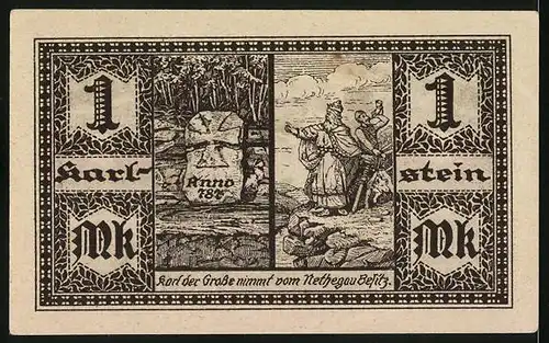 Notgeld Herstelle 1921, 1 Mark, Wappen, Karl der Grosse nimmt vom Nethegau Belitz