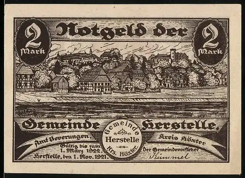 Notgeld Herstelle 1921, 2 Mark, Ortsansicht am Wasser, Wappen