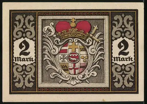 Notgeld Herstelle 1921, 2 Mark, Ortsansicht am Wasser, Wappen
