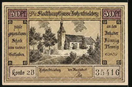 Notgeld Hohenfriedeberg, 50 Pfennig, Gefecht um 1745, Kirche mit Friedhof