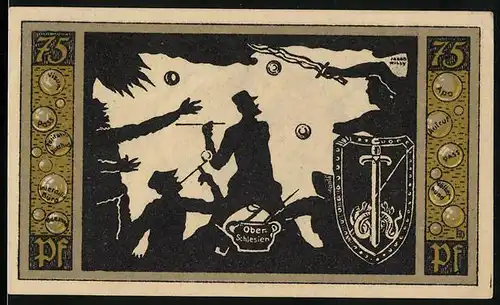 Notgeld Przyschetz (Oberschl.) 1921, 75 Pfennig, Industriesymbolik, Shilouette eines Gefechts