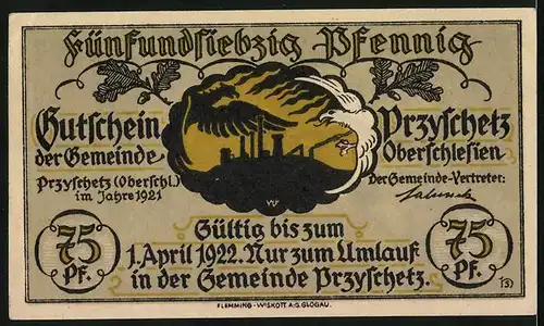 Notgeld Przyschetz (Oberschl.) 1921, 75 Pfennig, Industriesymbolik, Shilouette eines Gefechts