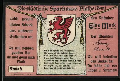 Notgeld Plathe (Pom.), 1 Mark, Wappen, Ortsansicht und Blücher-Ruine