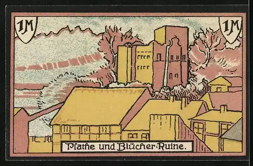 Notgeld Plathe (Pom.), 1 Mark, Wappen, Ortsansicht und Blücher-Ruine