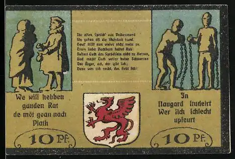 Notgeld Plathe (Pom.), 10 Pfennig, Wappen, Blick auf die Kirche