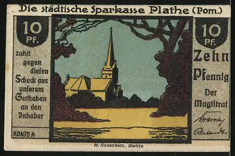 Notgeld Plathe (Pom.), 10 Pfennig, Wappen, Blick auf die Kirche