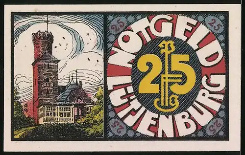 Notgeld Lütjenburg 1921, 25 Pfennig, Ortspartie mit Springbrunnen