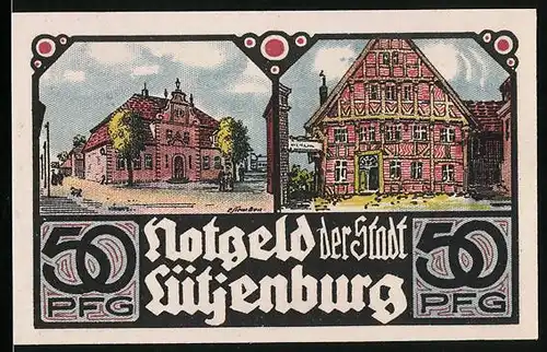 Notgeld Lütjenburg 1921, 50 Pfennig, Fachwerkhaus und Rathaus, Kirche