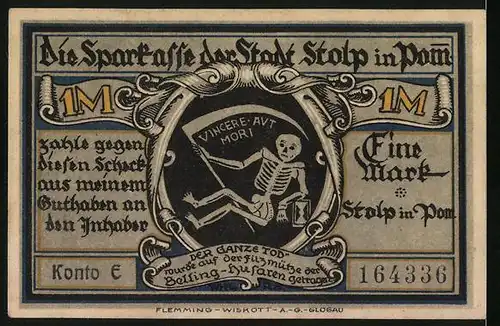 Notgeld Stolp in Pomm., 1 Mark, Büchsenschütze der Blücherhusaren 1821, Der Tod