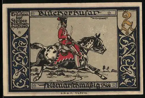 Notgeld Stolp i. Pomm., 2 Mark, Blücherhusar feldmarschmässig 1866, Der Tod