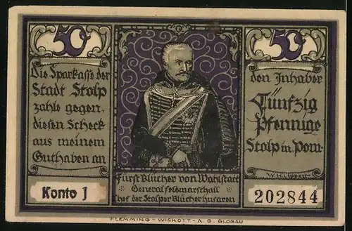 Notgeld Stolp in Pomm., 50 Pfennig, Blücher als Gefangener vor Oberst Bellin